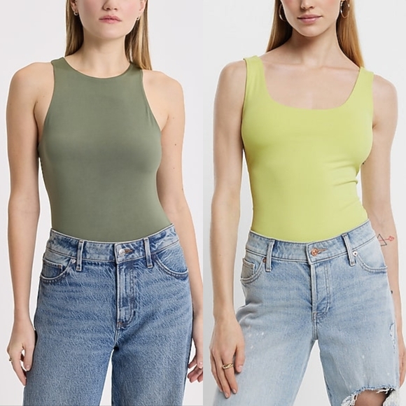 Express Tops - Express x2 Sleeveless Contour Bodysuits in Sage & Melon BUNDLE